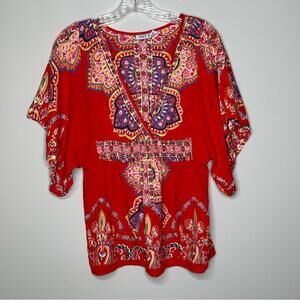 Vibrant Red Bohemian Tunic Top with Intricate Patterns Small
